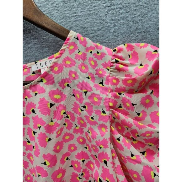 Floral Pink Puff Sleeve Blouse L TCEC 100% Polyester Womens Top - Picture 2 of 6